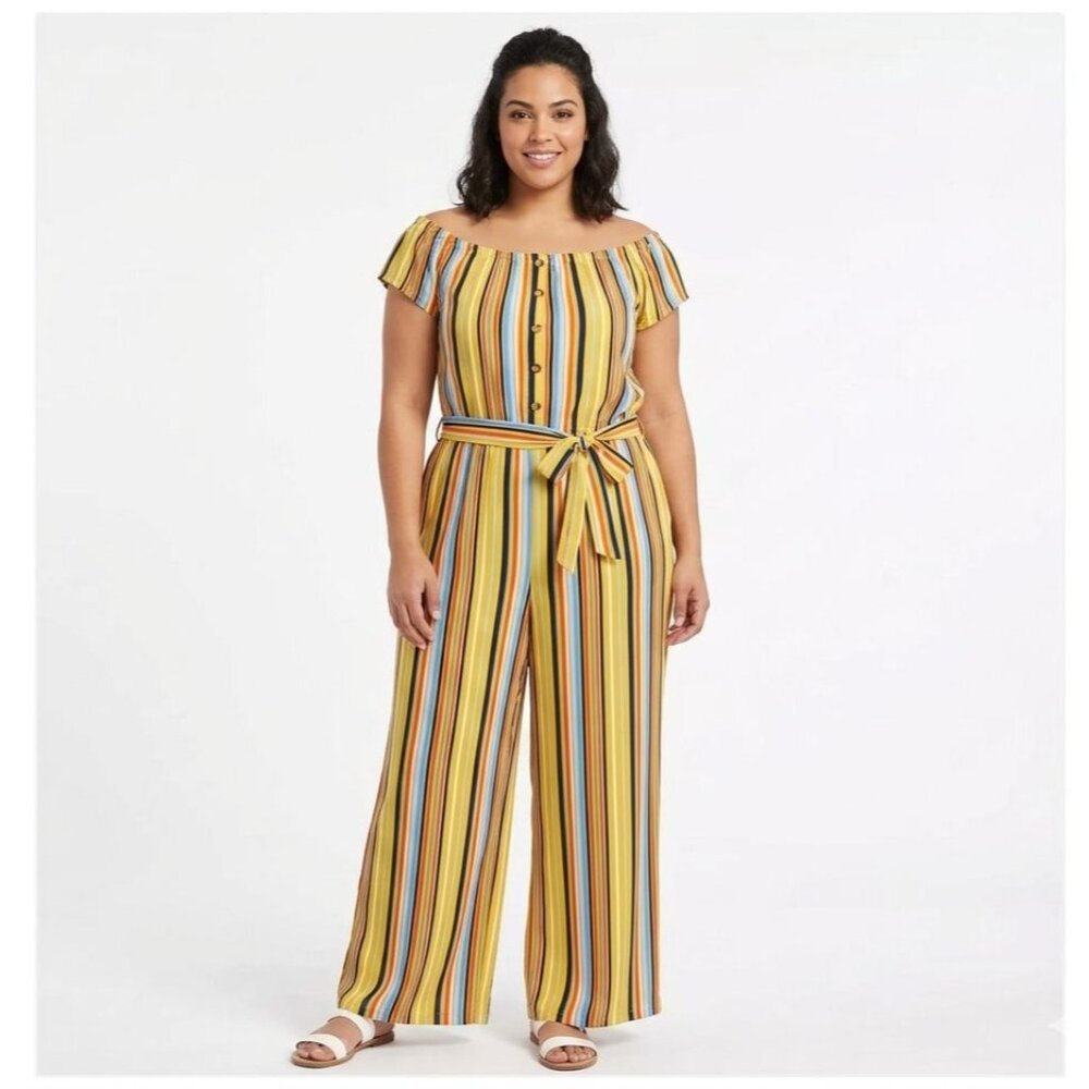 Eye Candy Multicolor Striped Off-Shoulder Jumpsuit Belted Size 1X Split Wide Leg